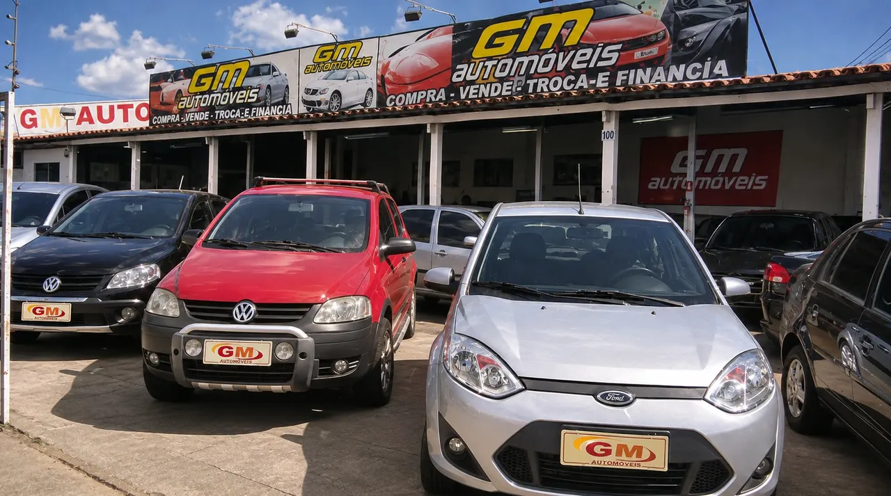 Fachada da GM Automóveis, com carros expostos na frente da loja